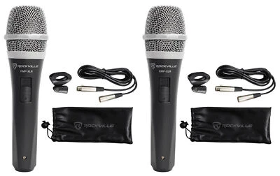 2 Rockville RMP-XLR Dynamic Cardioid Pro Microphones + 10' XLR Cables+2 Clips - Image 1 of 4