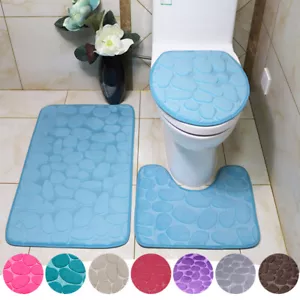 3Pcs/Set Bathroom Non-Slip Solid Color Pedestal Rug +Lid Toilet Cover+ Bath Mat❥ - Picture 1 of 30