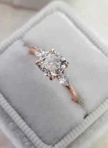 2Ct Cushion Moissanite Three Stone Engagement Ring 14k Rose Gold Plated - Picture 1 of 8