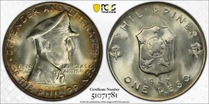 PCGS MS66 1947-S Filippine MacArthur Peso Tonico - Foto 1 di 3