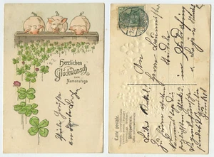 93921 - Schweine und Glücksklee - Namenstag - Prägekarte, gelaufen 22.6.1912 - Bild 1 von 2