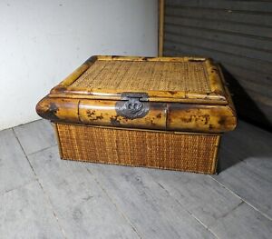 Vintage Asian Boho Chic Burnt Bamboo Wicker Rattan Chest Trunk Box w Lid
