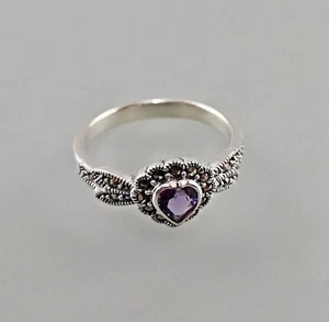 9923389 Vintage 925er Silver Amethyst-Markasit-Ring Gr.58 Heart - Foto 1 di 4