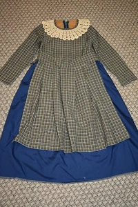 Girls' 19th Century Village Prairie Pioneer Dress Costume Navy Gold Homespun Sz6 - Picture 1 of 5