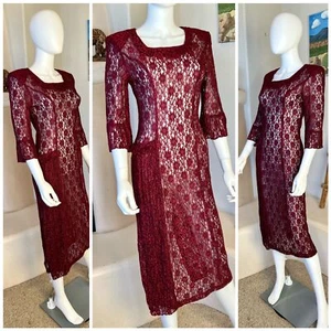 Vintage 90s Merlot Red Floral Lace Dress - Picture 1 of 4