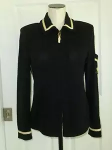 ST JOHN COLLECTION Marie Gray Vtg Black Knit Nautical Logo Crest Zip Jacket 6 8 - Picture 1 of 14