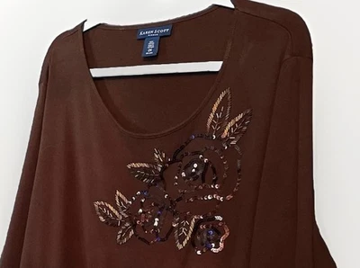 Vtg Karen Scott Sz 2x Women Scoop Neck 3/4 Sleeve Brown Floral Sequins - Image 1 of 4