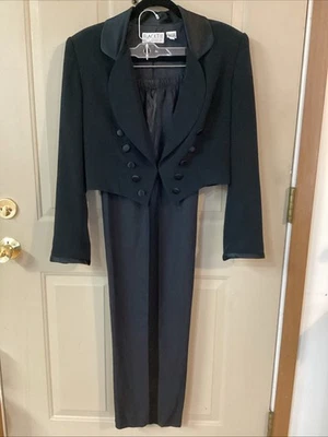 VINTAGE Oleg Cassini Esmoquin Estilo 2 Piezas Pantalones Traje Negro Sólido Borde Satinado 12 Foto 1 de 4