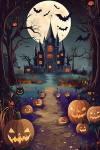 Halloween Pumpkins Bats Haunted House Landscape Wall Art Prints Painting Decor - Picture 1 of 10