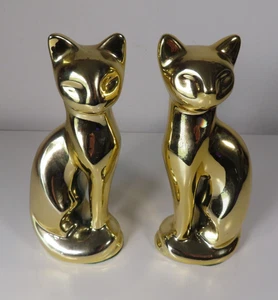 Vintage 8" Gold Ceramic Cat Figurine Statue Pair / Set of 2 MCM Taiwan - Picture 1 of 5