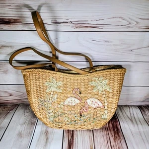 Vintage 2003 Cappelli Straworld Pailletten Flamingo Palme Blumen Stroh Handtasche Tasche - Bild 1 von 19