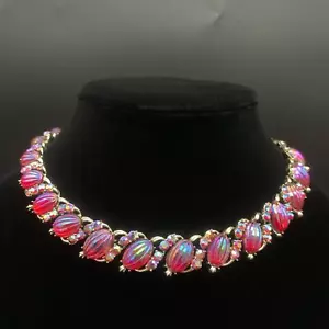 Vintage Signed Coro Melon Red AB Aurora Borealis Iridescent Rhinestone Necklace - Picture 1 of 18