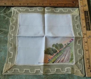 Vintage de Belgique Souvenir hand painted country scene Handkerchief Hankie - Picture 1 of 3