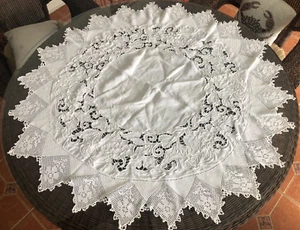 Vintage Tablecloth White Cotton Round Cut Out Design Crochet Lace Trim 40" Wide - Picture 1 of 12