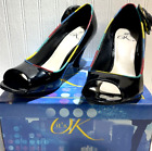 It's OK Ladies Shoes Size 8M Black-w/Carnival Multi-colored Trim & Fabric Flower