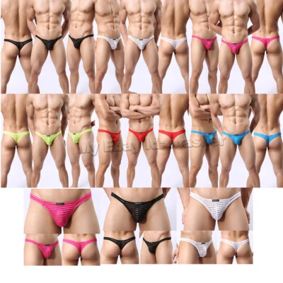 Ropa interior de malla transparente a rayas lisas con espalda en T para hombre Pantalones con tanga Foto 1 de 4