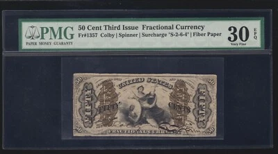 US 50c Fractional Currency 'Fiber Paper' FR 1357 PMG 30 EPQ Ch VF - Image 1 of 2