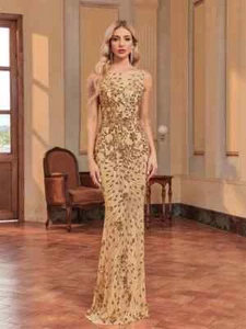 Elegant Sequin Evening Dress  Women Formal Sexy Backless Luxury Party Prom Gowns - Picture 1 of 8