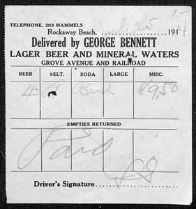 Rockaway Beach George Bennett Lager Bier Mineralwasser Billhead 1914  - Bild 1 von 2