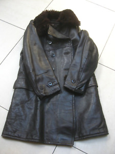 VINTAGE WW2 SWEDISH OFFICERS long LEATHER TRENCH COAT SHEARLING COLLAR 40 38
