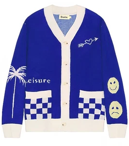 Duvin Rare Varsity Caridan Sweater Unisex Long Sleeve Blue Whimsical Checkered  - Picture 1 of 6