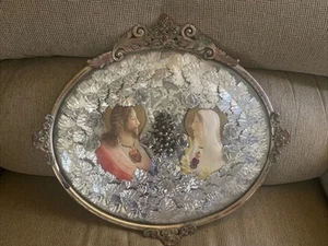 ANTIQUE Metal Convex Glass Frame Mary Jesus Religious 25th Anniversary Foil Art - Picture 1 of 11