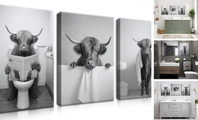 Divertido arte de pared Highland Cow para baño, lienzo de vaca blanco y negro de 24L" x 16W" Foto 1 de 4