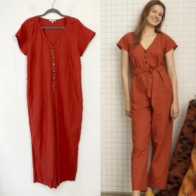 Madewell Linen Blend Pleated Sleeve Rust Orange  Jumpsuit Ankle Length Sz 14 ** - Image 1 of 4