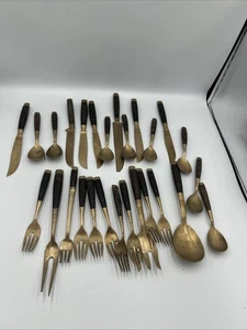 Midcentury Teak und Messing Utensilien Löffel Gabel Messer Vintage Lesen 17 Teile - Bild 1 von 9