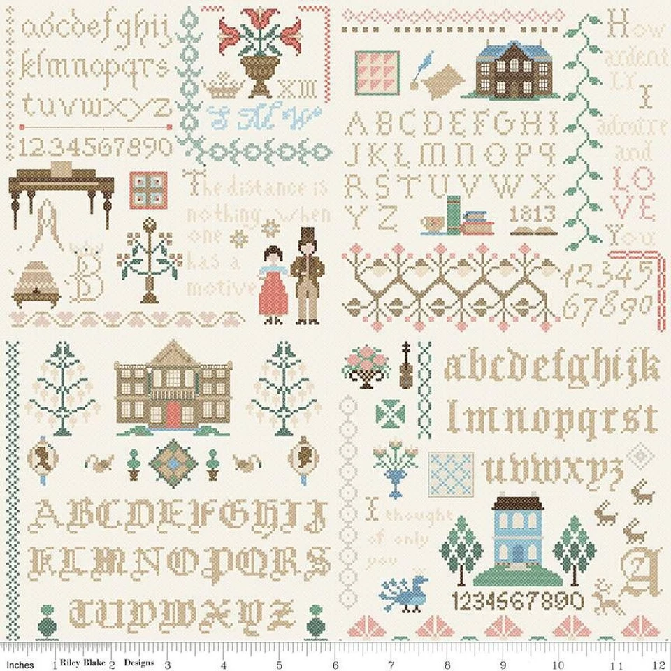 ~ Licensed Pride & Prejudice Meryton Sampler Multi Fabric C13786-MULTI ~ - Image 1 of 1