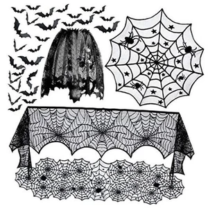 5pack Halloween Decorations Tablecloth Runner Black Lace Round Spider Cobweb - Picture 1 of 8
