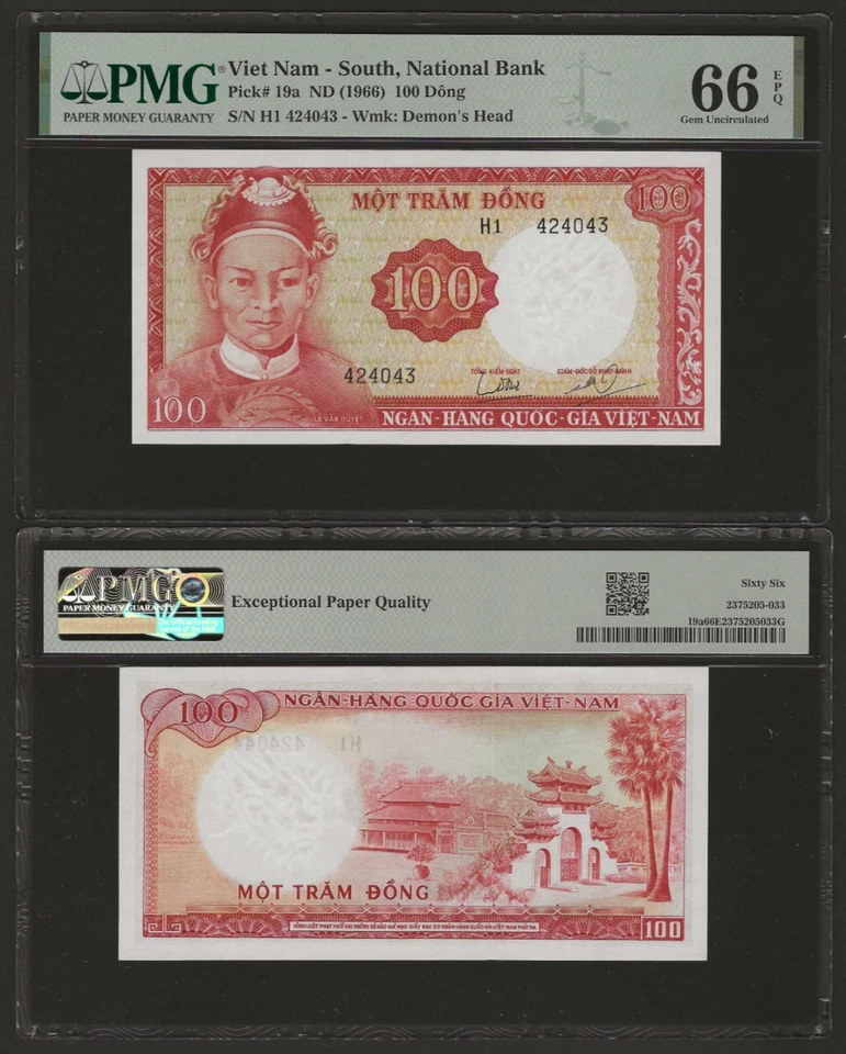 VIETNAM - SOUTH 100 Dong 1966, P-19a, Wmk: Demon, PMG 66 EPQ Gem UNC, Nice Grade - Image 1 of 1