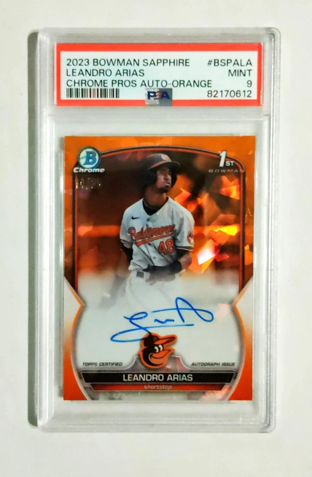 Leandro Arias PSA 9 2023 1st Bowman Chrome AUTO Sapphire ORANGE REFRACTOR /25 z1 - Image 1 of 1