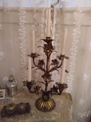 Italiano Francés Dorado Tole Florentino Espalda Plana Abrigo Estilo Candelabro 19" Foto 1 de 4