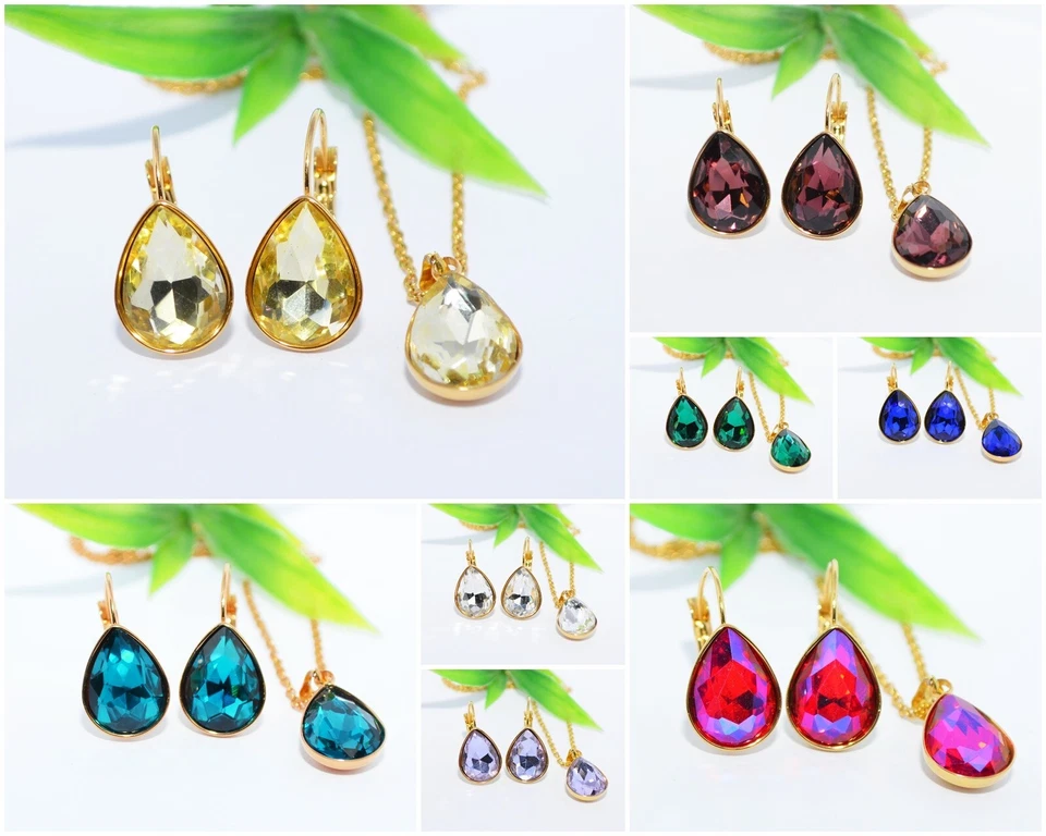 SET EDELSTAHL KRISTALL Tropfen Brisur Ohrhänger Ohrringe gold Glas Halskette - Bild 1 von 4