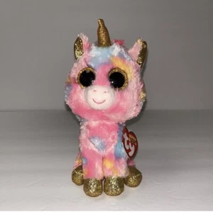 👑 Ty Beanie Boos 6" Fantasia the Pink Gold Rainbow Unicorn Glitter Eyes 2015 - Picture 1 of 4