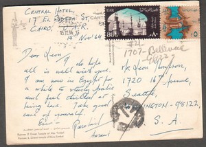 Egypt 1964 Ramses II Great Temple post card Central Hotel Cairo to Seattle WA