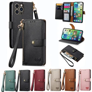 For iPhone 16 Pro Xs Max 15 14 13 12 11 XR 8 7 6 Leather Zipper Wallet Card Case - Picture 1 of 71