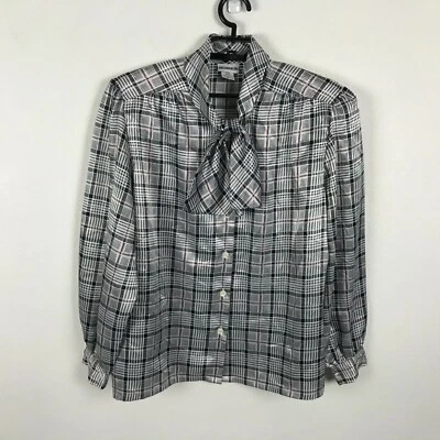 Vintage 1980s Koret Blouse Size L Plaid Ascot Button Up Long Sleeve Polyester - Image 1 of 4