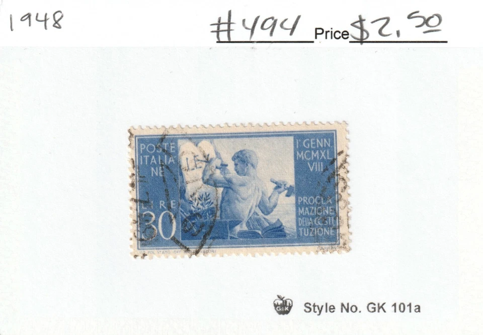 Italia / República Italiana #494 30l Azul "Proclamación de la Constitución" 1948 Foto 1 de 1