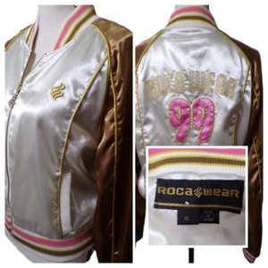 Y2k ROCAWEAR Satin Bomber Jacket M Track Bown Pink Ivory Gold Logo by JayZ Vtg - Picture 1 of 24