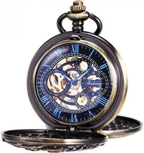 Mens Antique Skeleton Mechanical Pocket Watch Dragon Hollow Hunter with Chain - Picture 1 of 8