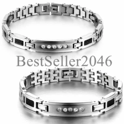 Pulsera de terapia magnética para pareja con cadena de eslabones de fibra de carbono negra para hombre y mujer Foto 1 de 4