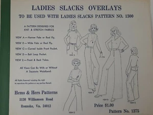 Vintage Hems and Hers Pattern No. 1375 Ladies Slacks Overlays use w/ Pat. 1300 - Picture 1 of 2