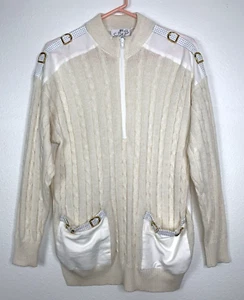 Vtg 80s SALLY B GEORGEE Lagenlook LEATHER BUCKLE TRIM Cable Knit 1/2 Zip SWEATER - Picture 1 of 6