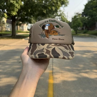 Sombrero de camionero vintage Ducks ilimitado camuflaje marrón para hombre años 80 90 malla espalda caza Foto 1 de 4