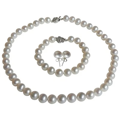 Juego de gargantillas de 16 pulgadas premium redondas de 9-10 mm collar de perlas blancas pendientes pulsera Foto 1 de 4