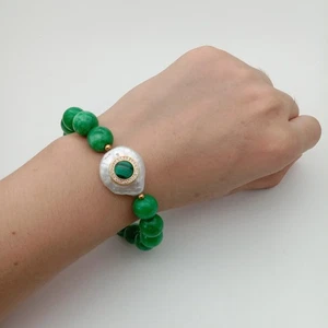 White Coin Pearl Green Jade Cz pave Malachite Stretch Bracelet - Picture 1 of 5