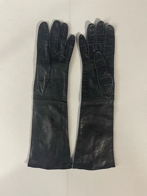 Vtg Lanolav Black Leather Gloves Womens 6 1/2 Silk Long Elbow Length Ladies - Image 1 of 4
