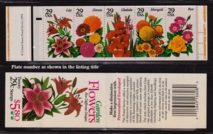 1993 Garden Flowers BK208 (4 panes Sc 2764a) 29c booklet MNH plate number 1 - Picture 1 of 1